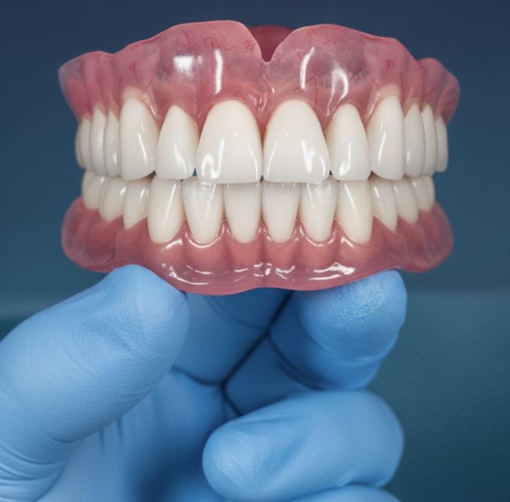 Full arch custom denture held by gloved hand